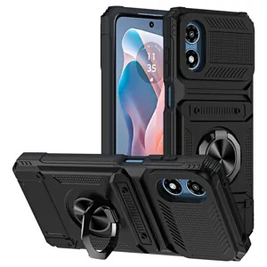 Rugged black phone case detail showing card slot, camera slide cover and sturdy ring holder.