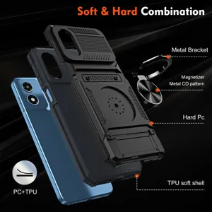 Rugged phone case for Motorola Moto G 5G 2024, dual layer PC and TPU protective cover with metal ring stand and card holder design details.