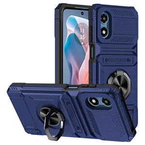 Rugged phone case for Motorola with ring stand, card slot and camera slide cover detail view.