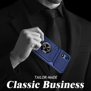 Motorola card slot ring bracket phone case, rugged blue protective cover with sliding camera lens.