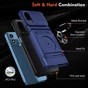 Rugged protective phone case with metal bracket and magnetic ring stand, dual layer PC and TPU.