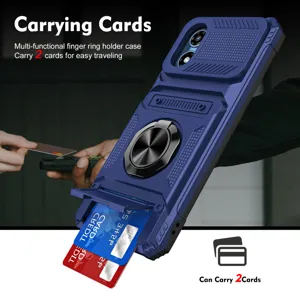 Rugged phone case for Motorola with card slot, slide camera cover and 360 ring holder stand.