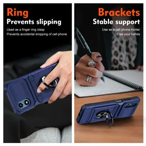 Detail view of the rugged phone case showing finger ring grip and desktop stand support features.