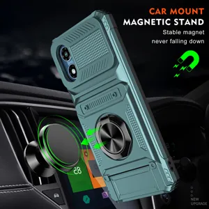 Rugged protective phone case with camera cover ring stand magnetic mount compatibility green
