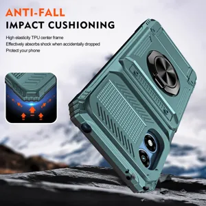 Rugged phone case detail view showing anti-fall TPU frame and metal ring kickstand.