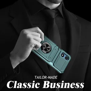 Detailed view of the rugged phone case with ring stand and card holder in elegant business blue.