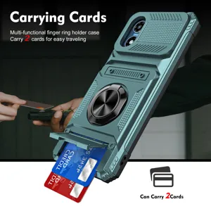 Motorola card slot ring holder phone case detail view, slide camera cover protection.