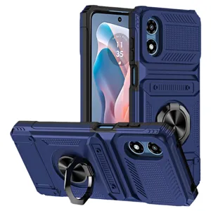 Rugged protective phone case with ring holder and card slot in dark blue for smartphone.