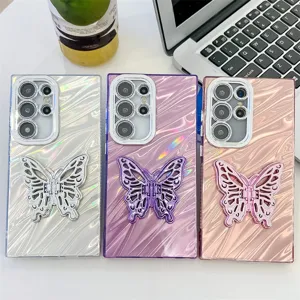 Luxury Electroplated Glitter Water Ripple Phone Case With 3D Butterfly Stand Integrated Lens Protector For Samsung Full Coverage Shell Texture Silicone Cover