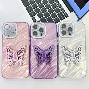 Electroplated Glitter Phone Case With Butterfly Stand And Glass Lens Film Ripple Shell Soft TPU Shockproof Case Cover