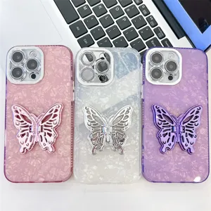 Glitter water ripple iPhone case with butterfly stand and lens protector for stunning style.
