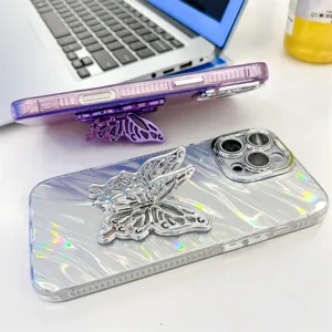 Clear holographic phone case with butterfly stand and lens protector for iPhone models.