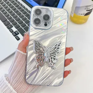Clear water ripple iPhone case with silver butterfly stand and lens film detail