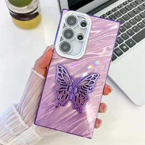 Detailed view of the purple wave textured phone case with an elegant butterfly stand holder.