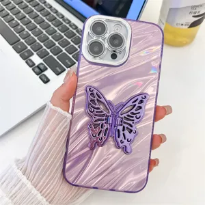 Detailed view of shiny water wave iPhone case featuring a gorgeous butterfly stand and lens film.