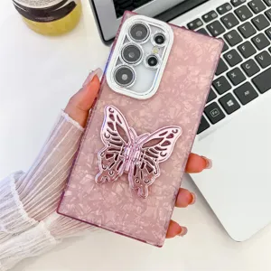 Pink marble phone case with butterfly stand and camera protector for Samsung Galaxy S24 Ultra.