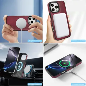 Vue detaillee de la coque de telephone en cuir magnetique pour charge sans fil en scene.