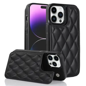 Black quilted leather phone case with card holder pocket, luxury diamond pattern protective.