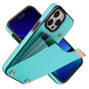 Funda de teléfono de cuero cian con tarjetero tipo acordeón y detalles dorados chic.