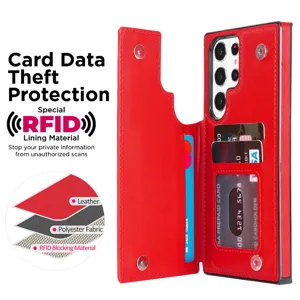 Detalle de funda de cuero rojo con tarjetero, material de bloqueo RFID y botones dobles seguros.