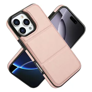 Funda de cuero rosa para teléfono con tarjetero y soporte, vista detallada frontal y trasera.
