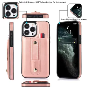 Λεπτομερής όψη δερμάτινης θήκης iPhone με θήκη καρτών και προστασία κάμερας.