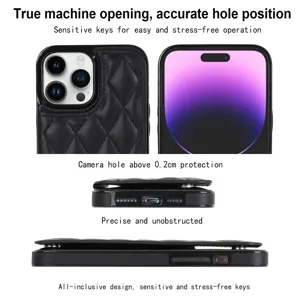 iPhone 16 Pro Max quilted leather phone case detail, card holder flap and camera protection.