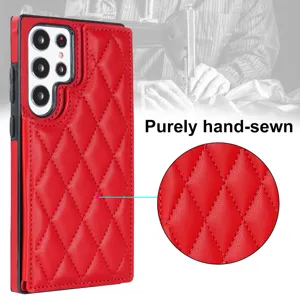 Funda de teléfono de cuero acolchado rojo para Samsung, estuche tarjetero de lujo.
