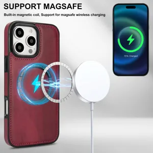 Coque de téléphone en cuir magnétique compatible avec charge sans fil MagSafe, rouge vin.