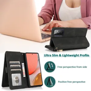 Black leather wallet phone case with card slots, slim flip cover and kickstand function.
