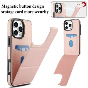 Funda de cuero rosa con tarjetero y soporte magnético para iPhone 16 y 15 Pro Max