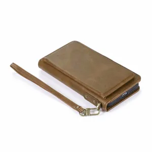 Custodia per cellulare in pelle divisa multifunzionale con cinturino da polso marrone.