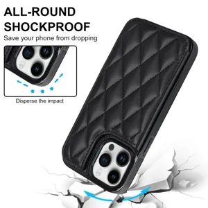 iPhone 16 Pro Max quilted leather phone case with card holder shockproof black cover
