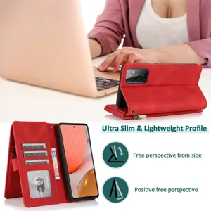 Red leather phone wallet case with card slots and stand showing detail features