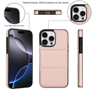 Vista detallada de la funda de cuero con soporte y ranura para tarjetas para iPhone 16 Pro.