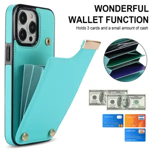 Funda tipo cartera para iPhone turquesa con ranuras de acordeón, cierre de metal y bolsillos.
