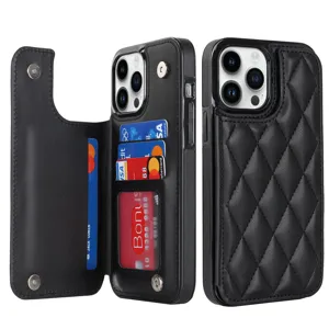 Black quilted leather phone case with card slots and flip cover for ultimate daily convenience.