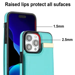 Funda de teléfono de cuero cian con tarjetero y cierre metálico, bordes elevados.