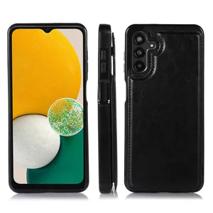 Custodia a portafoglio in pelle nera con porta carte e aperture precise per telefono.