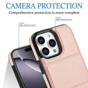 Funda de cuero rosa para iPhone con tarjetero y protección avanzada para la cámara.