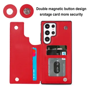 Fundas de cuero rojo para teléfono con ranuras para tarjetas y doble botón magnético para Samsung.