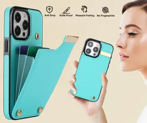 Vista detallada de funda de telefono de cuero de lujo con ranuras de tarjetas y boton.