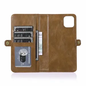 Custodia a portafoglio in pelle marrone con porta carte e chiusura magnetica per telefono