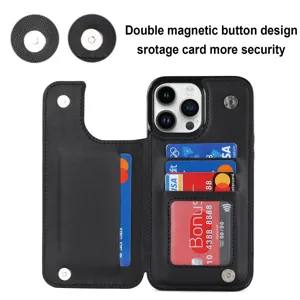 Black leather wallet phone case for iPhone with card slots and double magnetic button design.