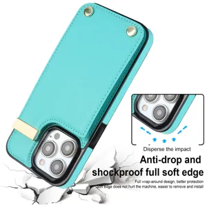 Funda turquesa para iPhone con tarjetero y soporte, protección suave anti-caídas.