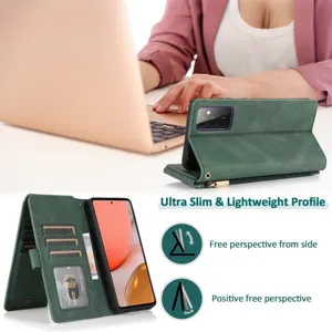 Samsung leather flip phone case with multiple card slots and adjustable stand feature.