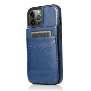 Blauwe lederen telefoonhoesje met kaartsleuf detailweergave en beschermhoes.