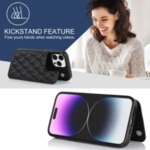 Quilted leather phone case detail, elegant card holder design with convenient kickstand feature.