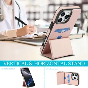Funda de cuero rosa para teléfono con tarjetero y soporte plegable para iPhone, vertical y horizontal.