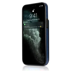 Gedetailleerd overzicht van de blauwe lederen flip telefoonhoes met handige opbergvakken.